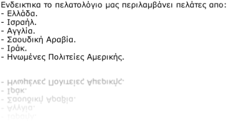 Ενδεικτικα το πελατολόγιο μας περιλαμβάνει πελάτες απο: - Ελλάδα. - Ισραήλ. - Αγγλία. - Σαουδική Αραβία. - Ιράκ. - Ηνωμένες Πολιτείες Αμερικής.